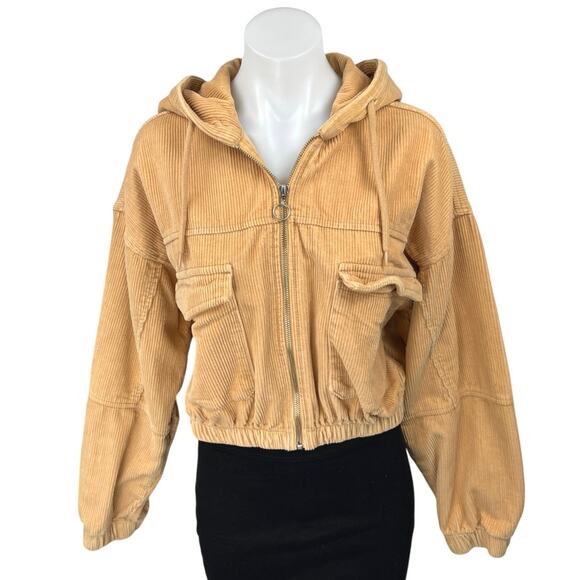 Urban Outfitters BDG Tan Corduroy Zip Up Hooded Hoodie Crop Bomber Coat Jacket M - Picture 1 of 5